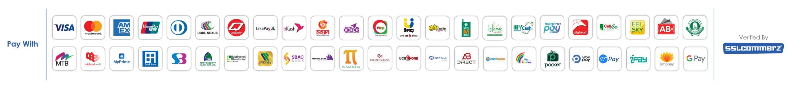 Accepted cards, banks and mobile payment methods, verified by SSLCommerz