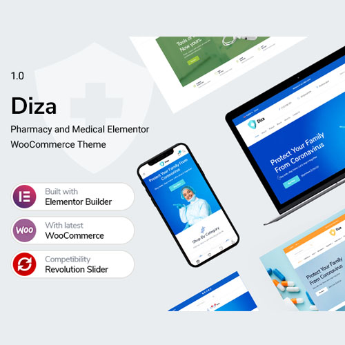 Diza pharmacy store Elementor WooCommerce theme homepage preview