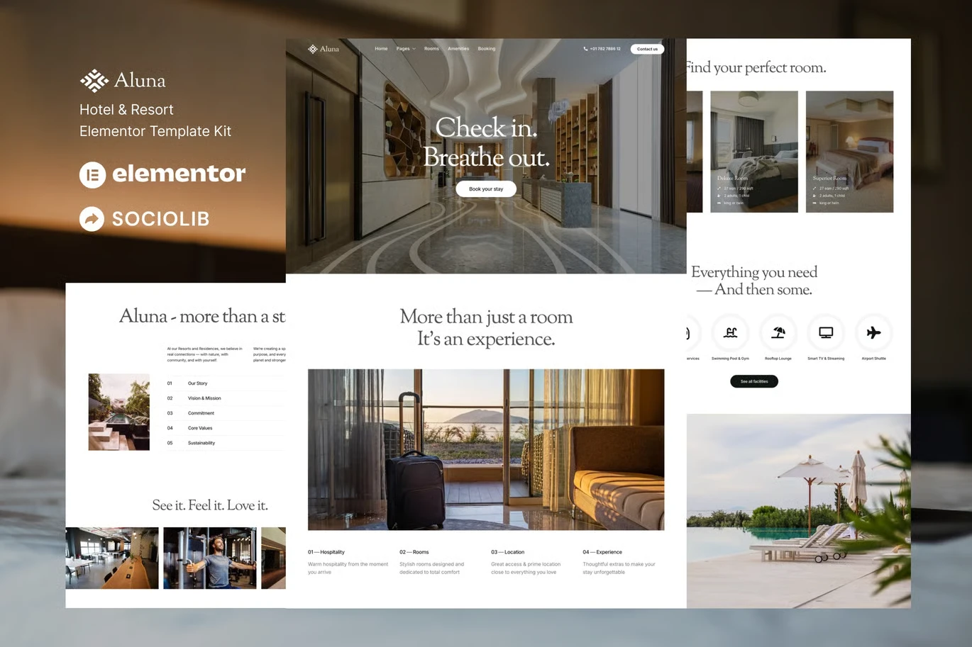 Aluna hotel and resort Elementor template kit preview