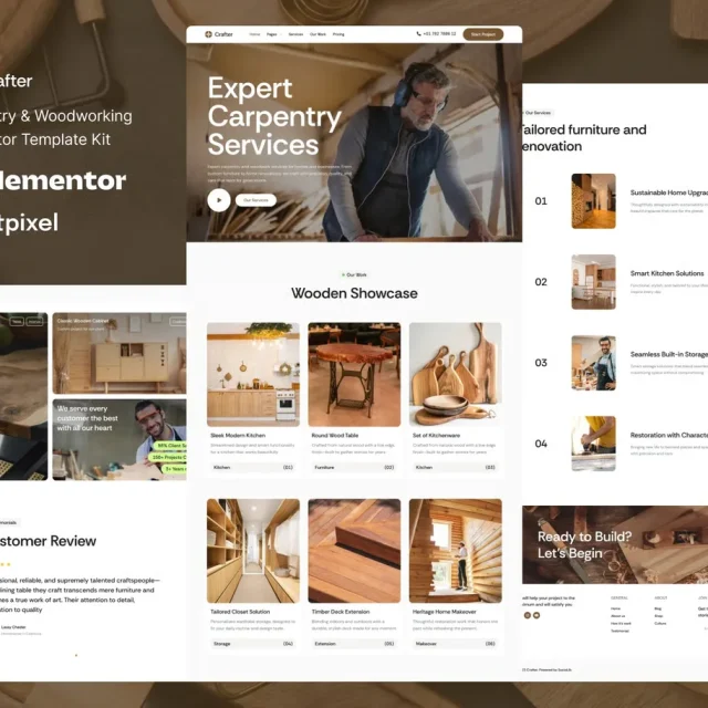 Crafter carpentry and woodworking Elementor template kit preview