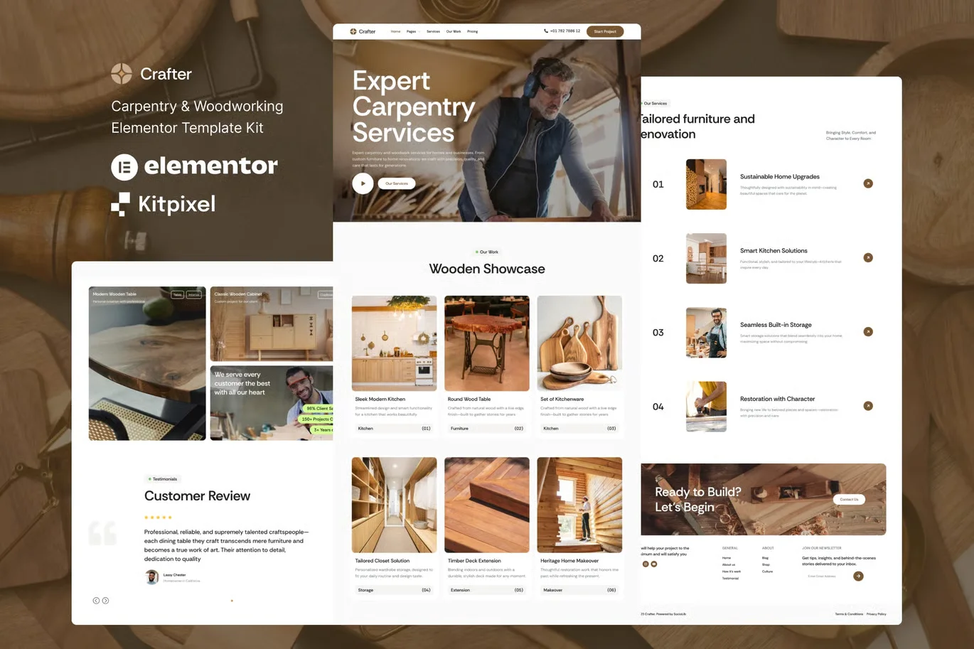 Crafter carpentry and woodworking Elementor template kit preview