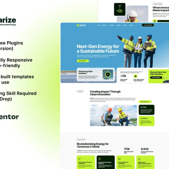 Solarize solar and renewable energy Elementor template kit preview